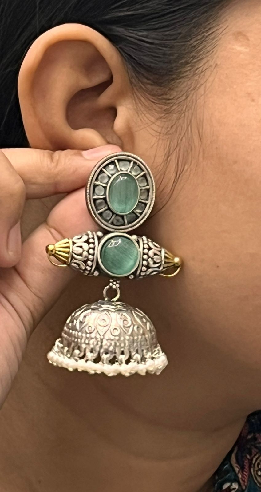 Elegant Silver Jhumka Earrings with mint green Stone & Pearl Drops