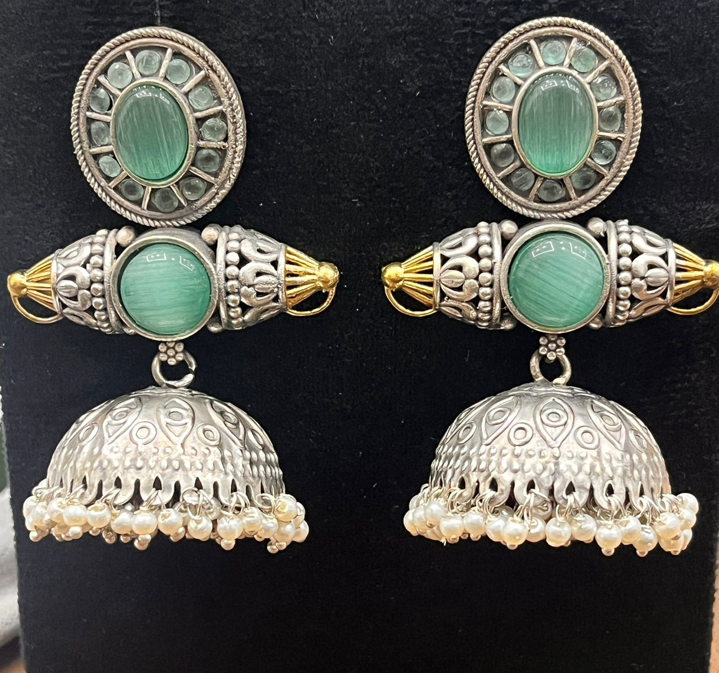 Elegant Silver Jhumka Earrings with mint green Stone & Pearl Drops