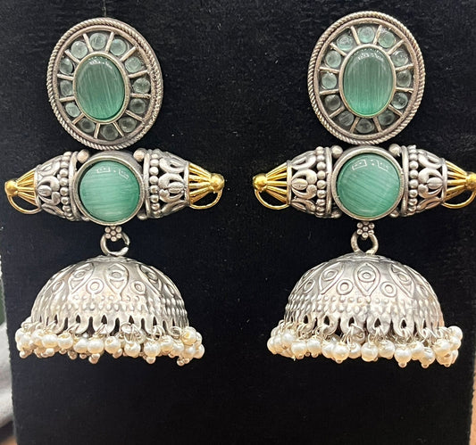 Elegant Silver Jhumka Earrings with mint green Stone & Pearl Drops
