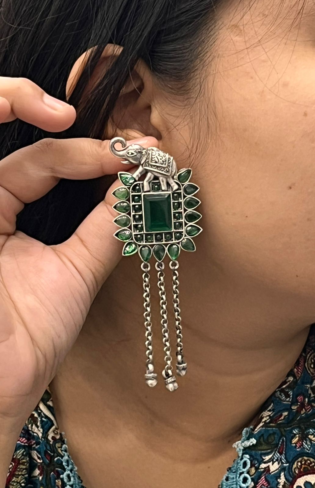 Antique Silver Elephant Earrings with Green Stone & Chain Danglers