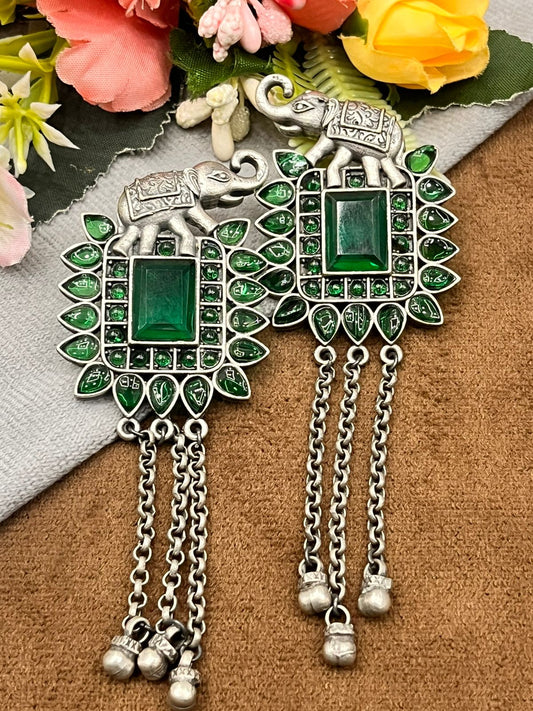 Antique Silver Elephant Earrings with Green Stone & Chain Danglers
