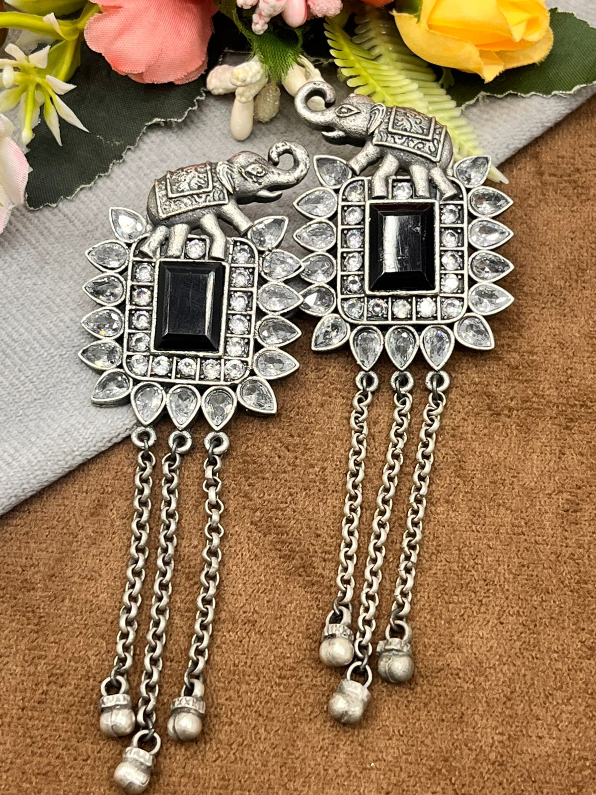 Antique Silver Elephant Earrings with Black Stone & Chain Danglers