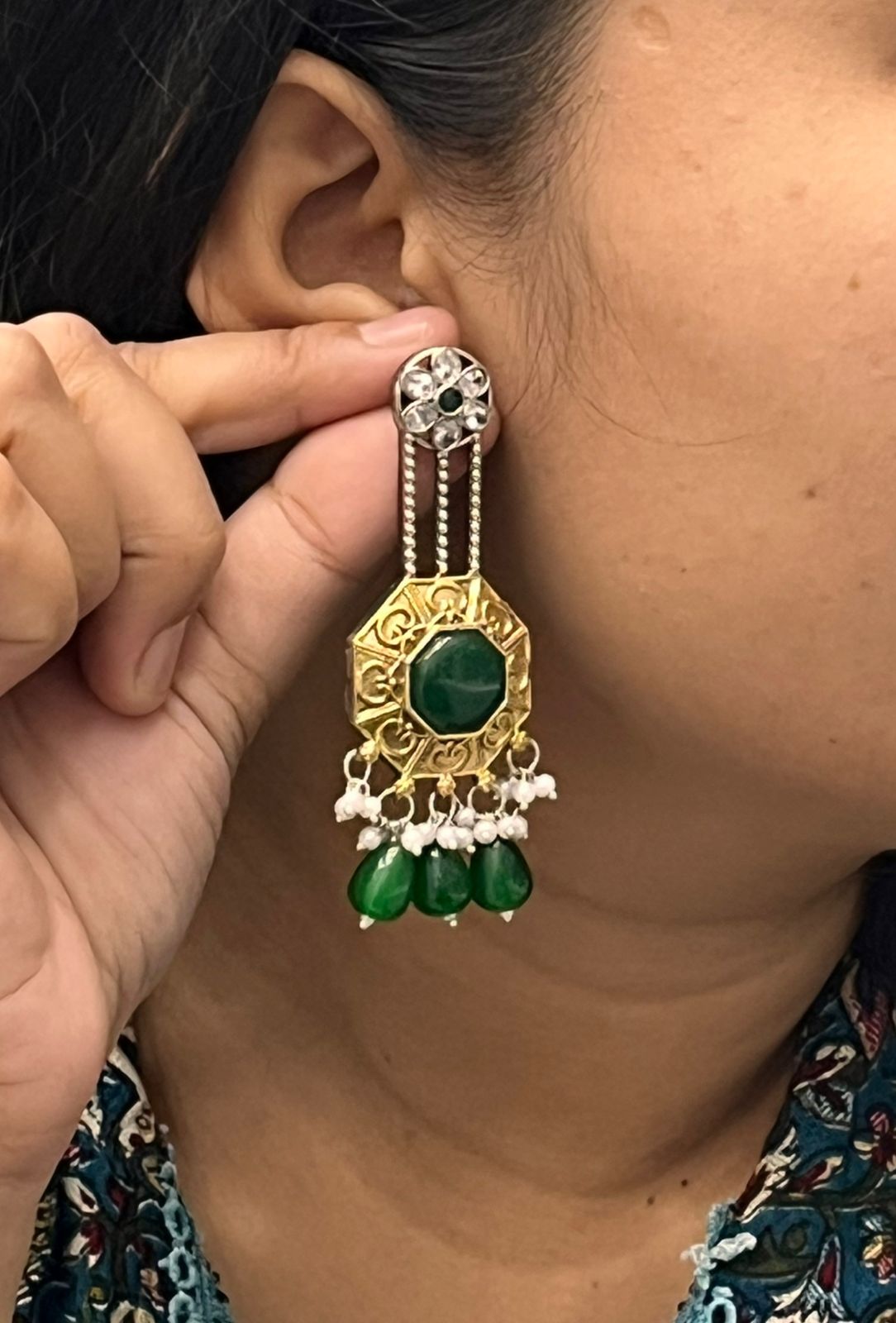 Designer Dual Tone Earrings with Green Crystal and Beaded Drops