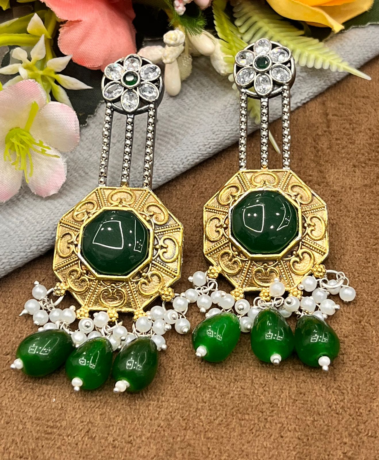 Designer Dual Tone Earrings with Green Crystal and Beaded Drops