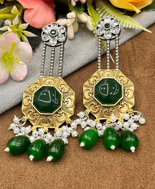 Designer Dual Tone Earrings with Green Crystal and Beaded Drops