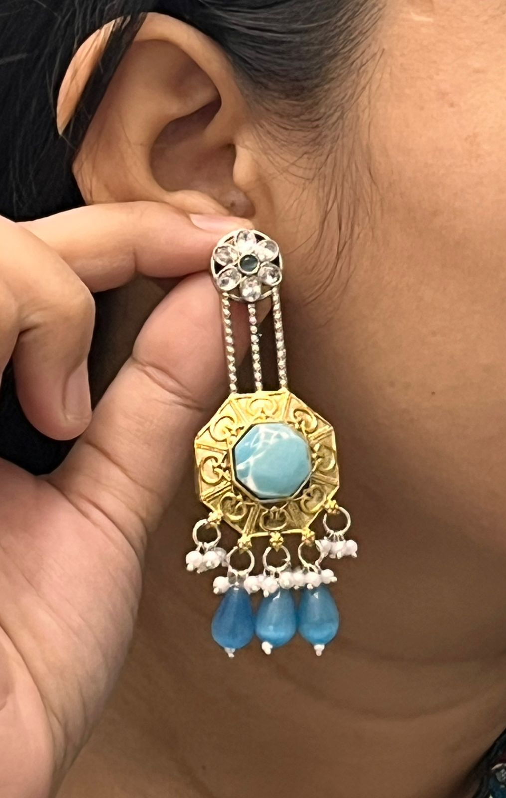 Designer Dual Tone Earrings with Blue Crystal and Beaded Drops