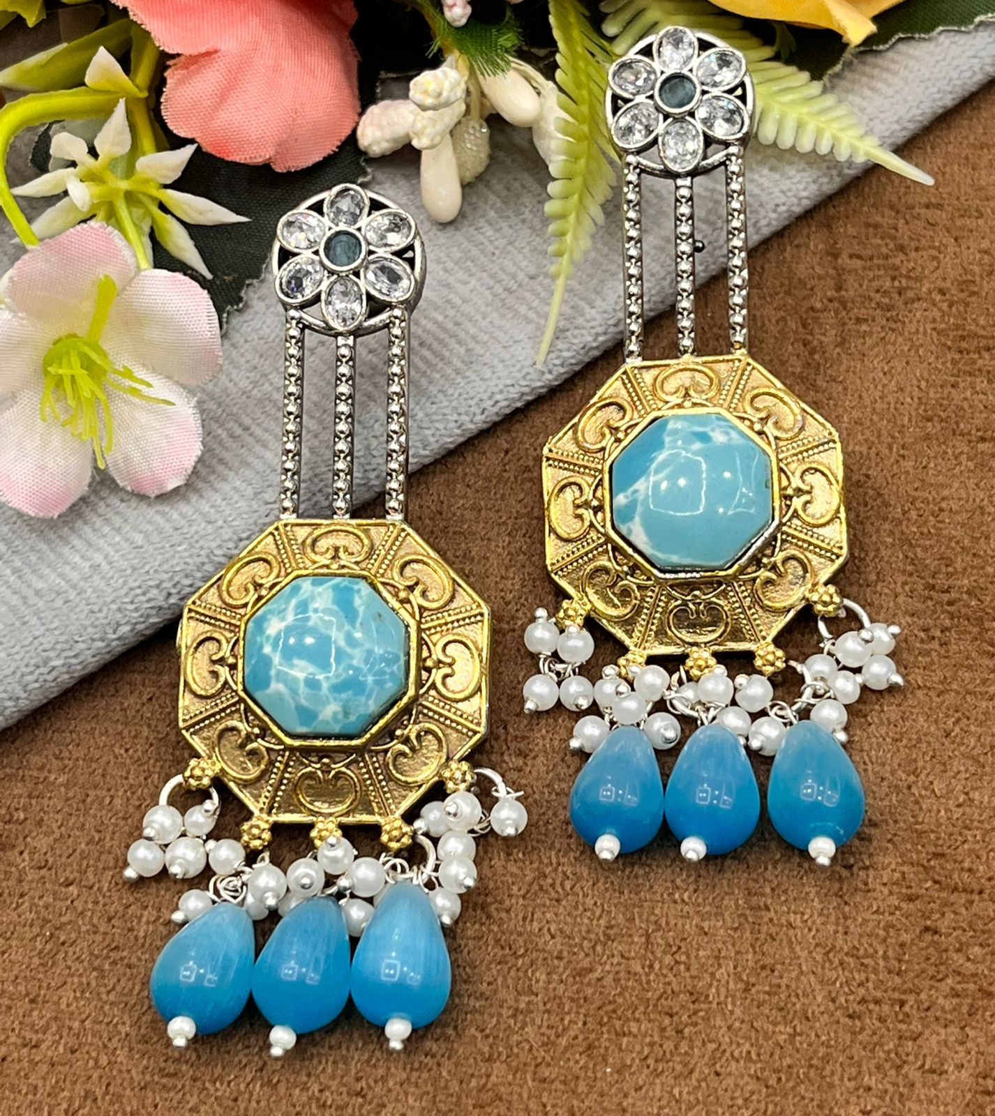 Designer Dual Tone Earrings with Blue Crystal and Beaded Drops