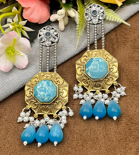 Designer Dual Tone Earrings with Blue Crystal and Beaded Drops