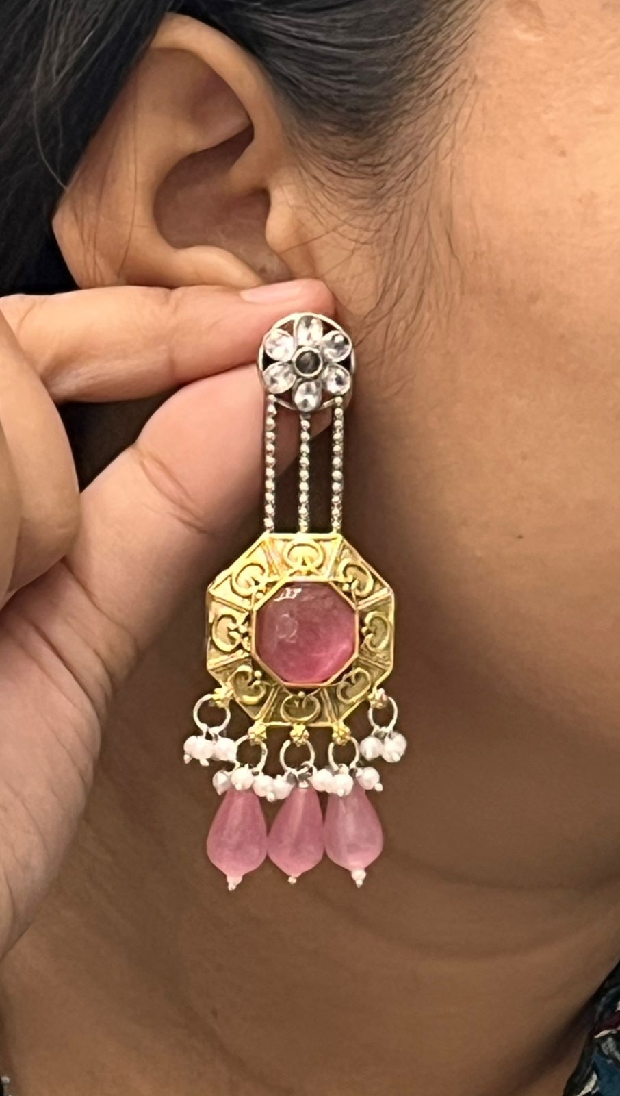 Designer Dual Tone Earrings with Pink Crystal and Beaded Drops