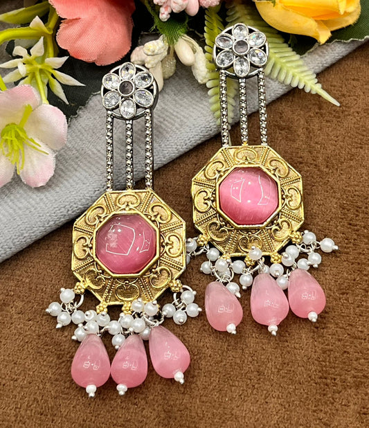 Designer Dual Tone Earrings with Pink Crystal and Beaded Drops