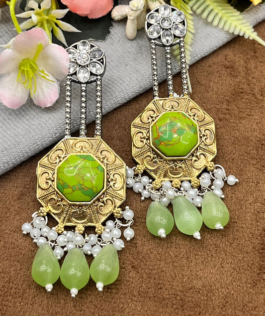 Designer Dual Tone Earrings with Mint Green Crystal and Beaded Drops
