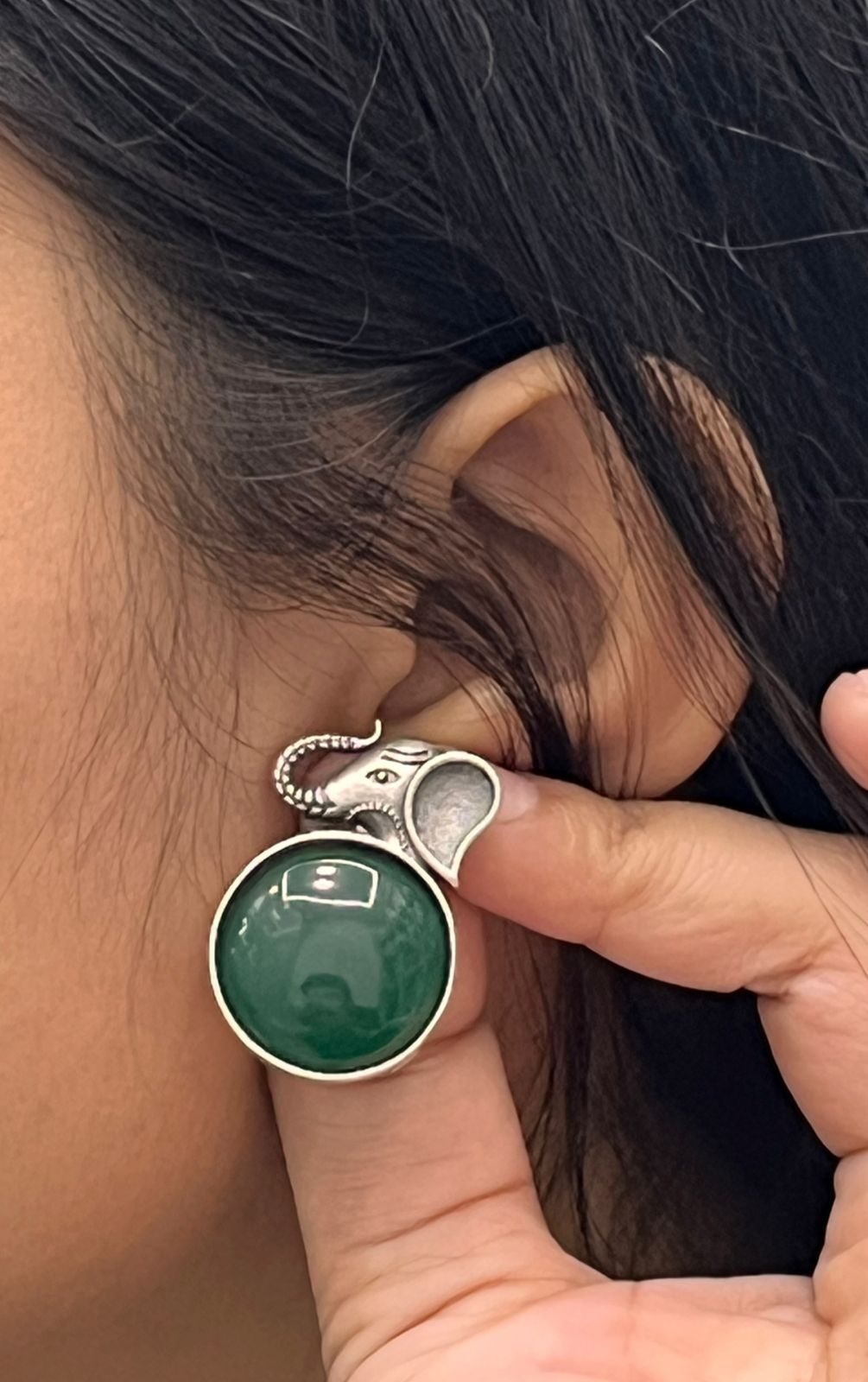Unique Silver Elephant Earrings with Green Crystal for Girl And Women