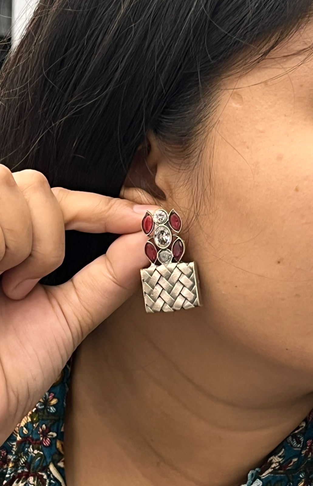 Unique Woven Pattern Silver Earrings with Pink Gem Accents
