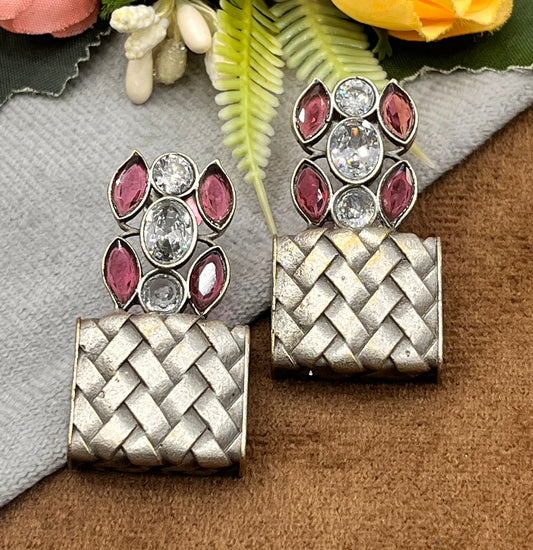 Unique Woven Pattern Silver Earrings with Pink Gem Accents