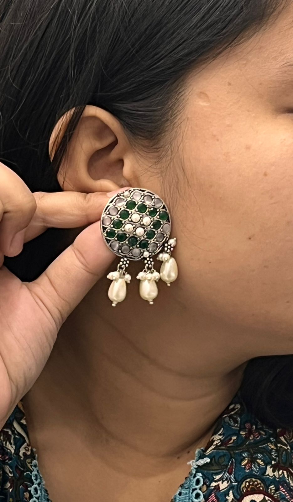 Green and Silver Round with Pearl Drops Earrings for women and girl