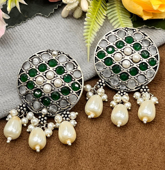 Green and Silver Round with Pearl Drops Earrings for women and girl