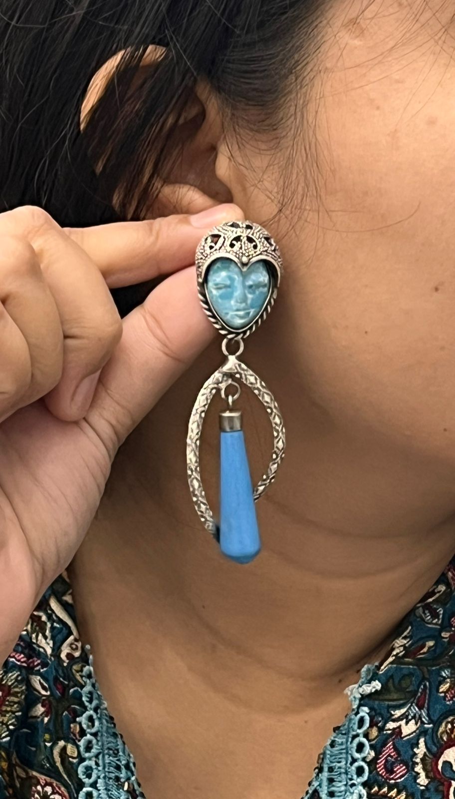 Antique Silver Plated Earrings with Blue & white  Face & Long Drop Beads