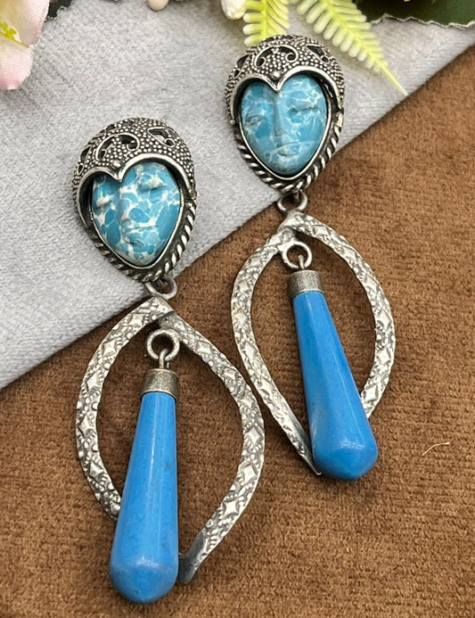 Antique Silver Plated Earrings with Blue & white  Face & Long Drop Beads