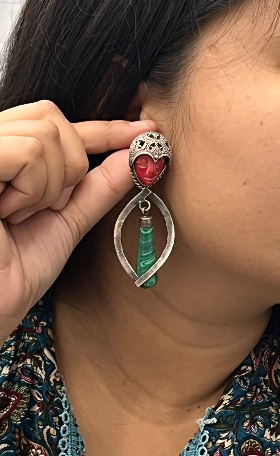 Antique Silver Plated Earrings with Green & Red Face & Long Drop Beads