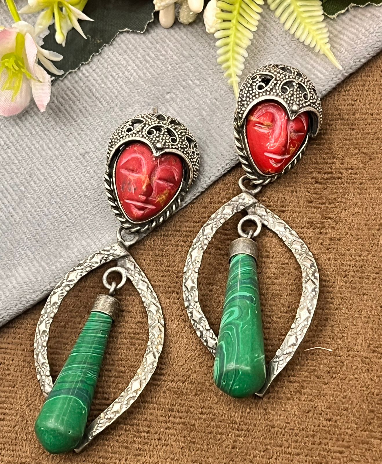 Antique Silver Plated Earrings with Green & Red Face & Long Drop Beads