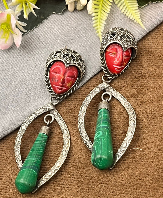 Antique Silver Plated Earrings with Green & Red Face & Long Drop Beads