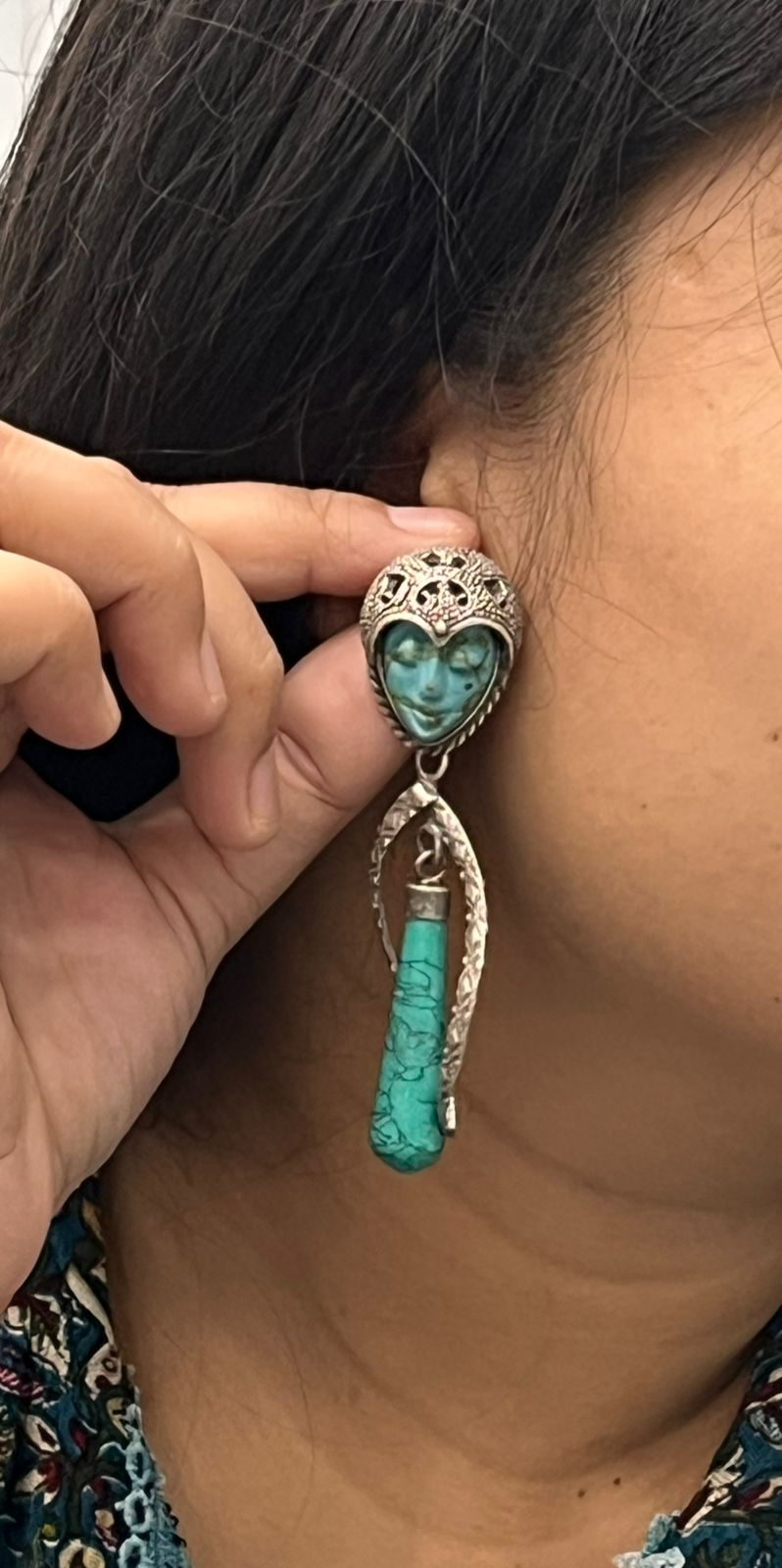 Antique Silver Plated Earrings with Turquoise Face & Long Drop Beads