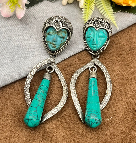 Antique Silver Plated Earrings with Turquoise Face & Long Drop Beads