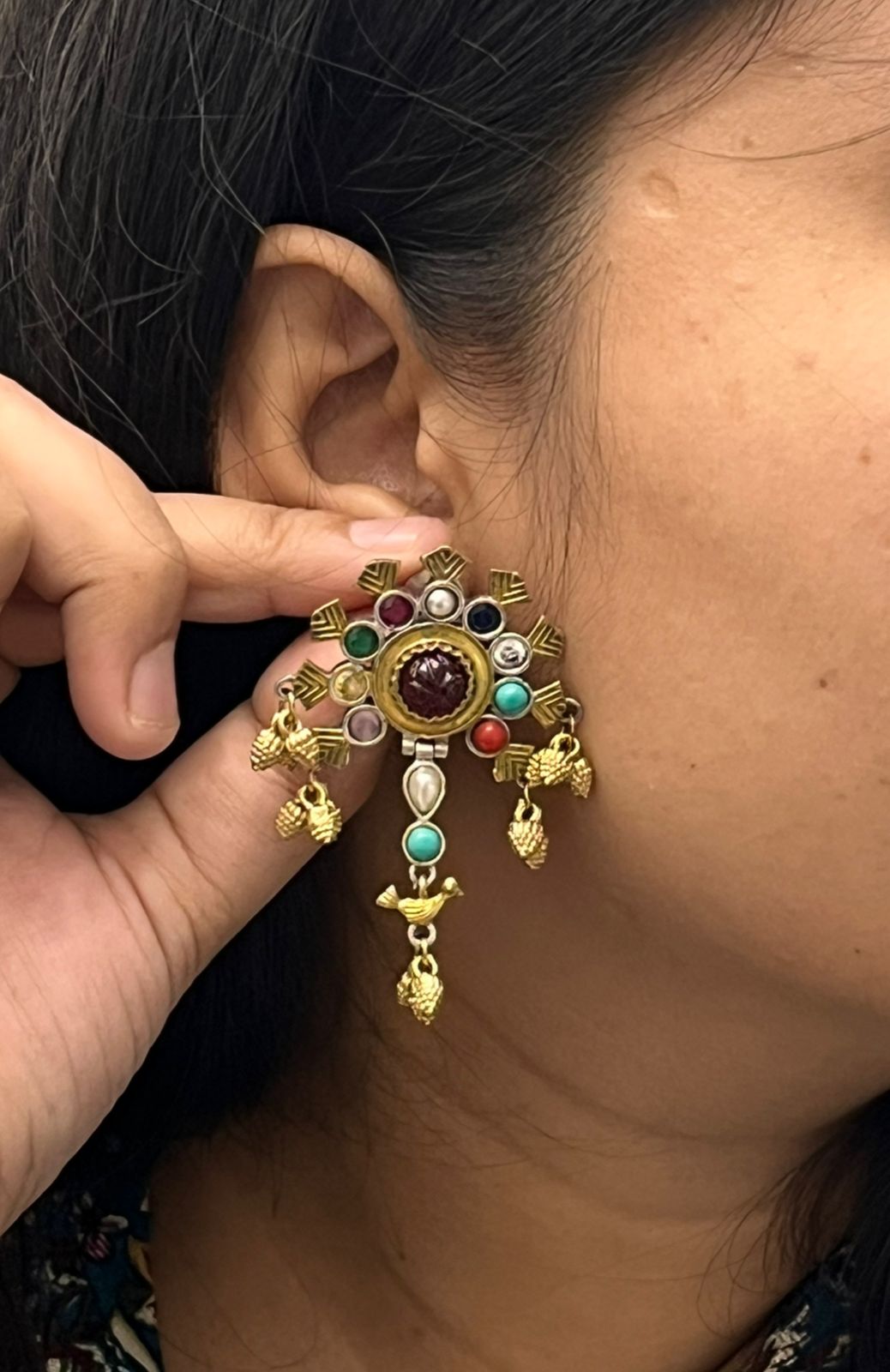 Red Colour Studded Dual Tone Earring for Women