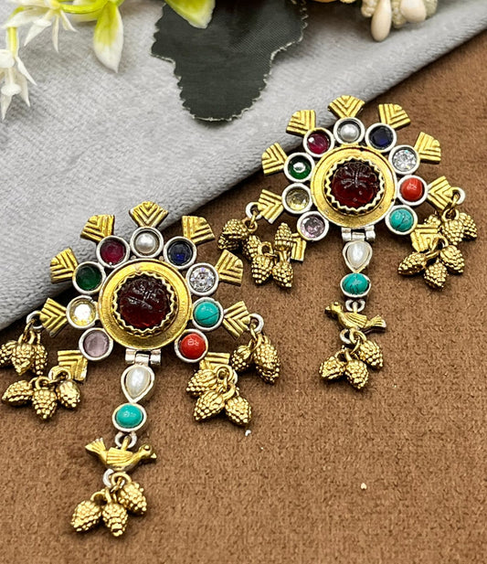 Red Colour Studded Dual Tone Earring for Women