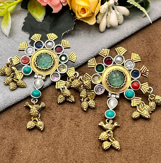 Antique Multicolor Gold Polish with mint Green Stone Earrings