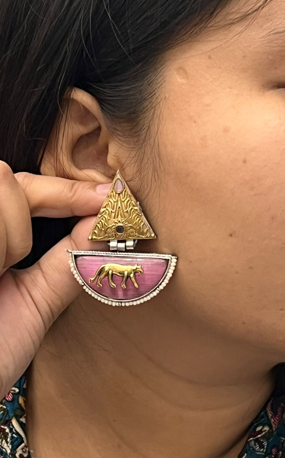 Handcrafted Tribal Statement Gold Panther Motif with Pink Enamel & Pearl Beads  Earrings