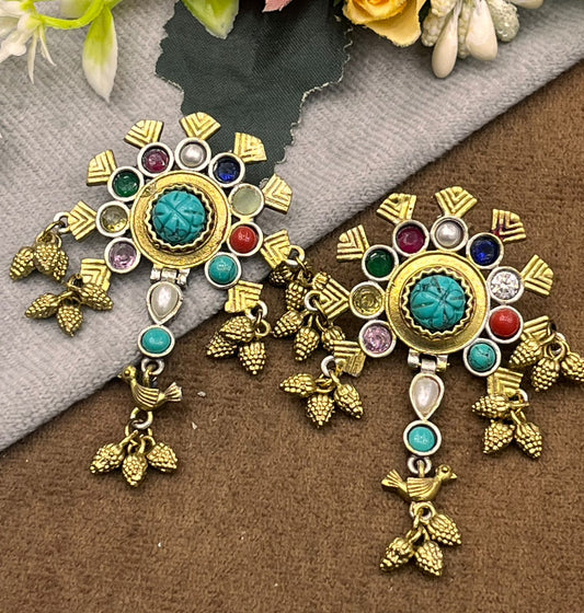 Turquoise Colour Studded Dual Tone Earring for Women