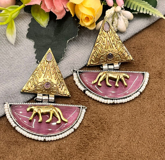 Handcrafted Tribal Statement Gold Panther Motif with Pink Enamel & Pearl Beads  Earrings