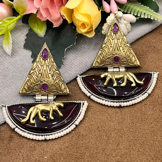 Gold Plated Leopard Design with Gemstone & Beaded Detailing Earring