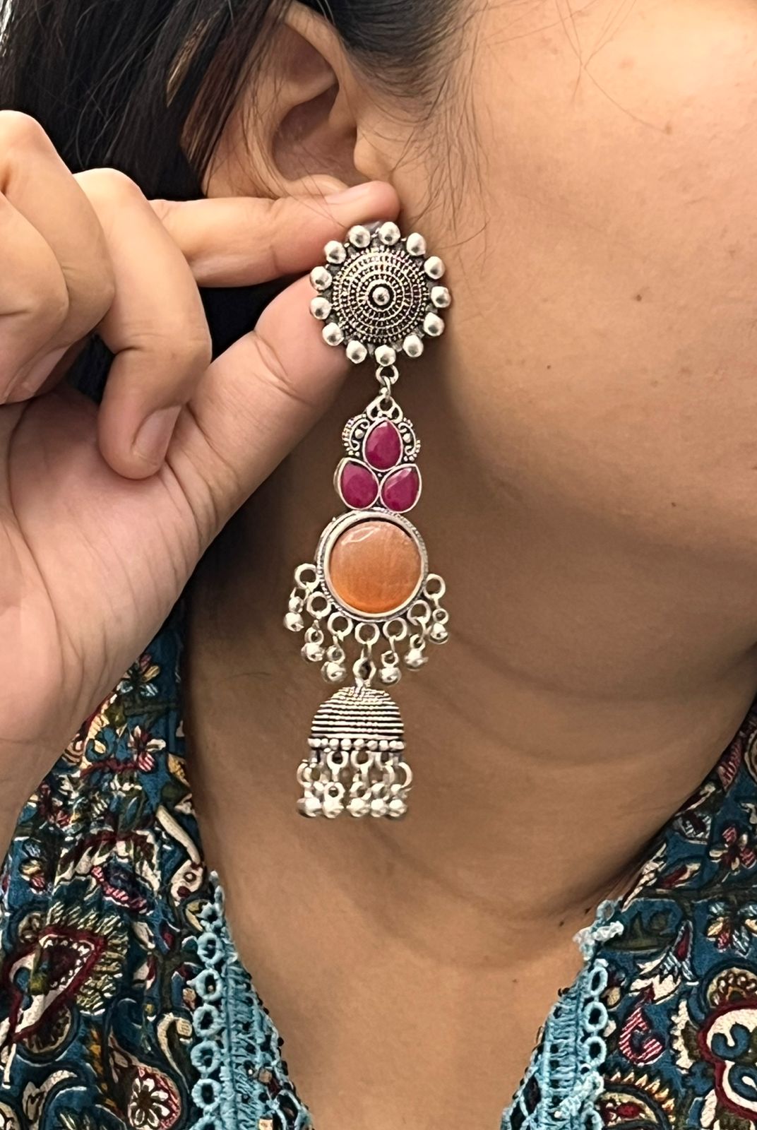 Ethnic Oxidized Silver Orange Stone & Pink Accent Long Earrings