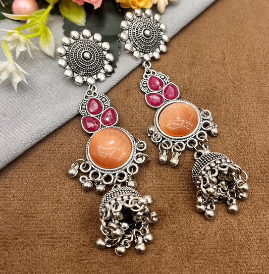 Ethnic Oxidized Silver Orange Stone & Pink Accent Long Earrings