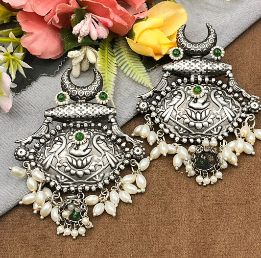 Antique Oxidized Silver Earrings with Green Stones & Pearl Drops
