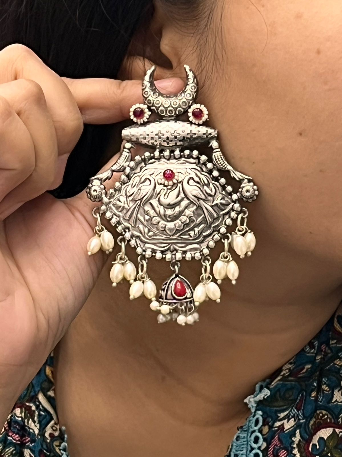 Antique Oxidized Silver Earrings with Red Stones & Pearl Drops