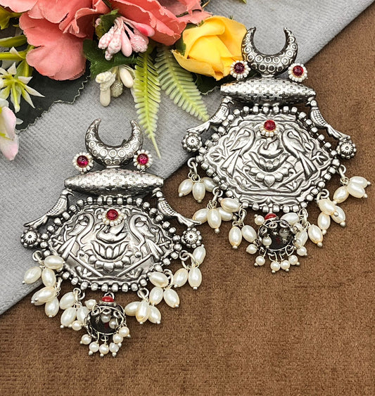 Antique Oxidized Silver Earrings with Red Stones & Pearl Drops