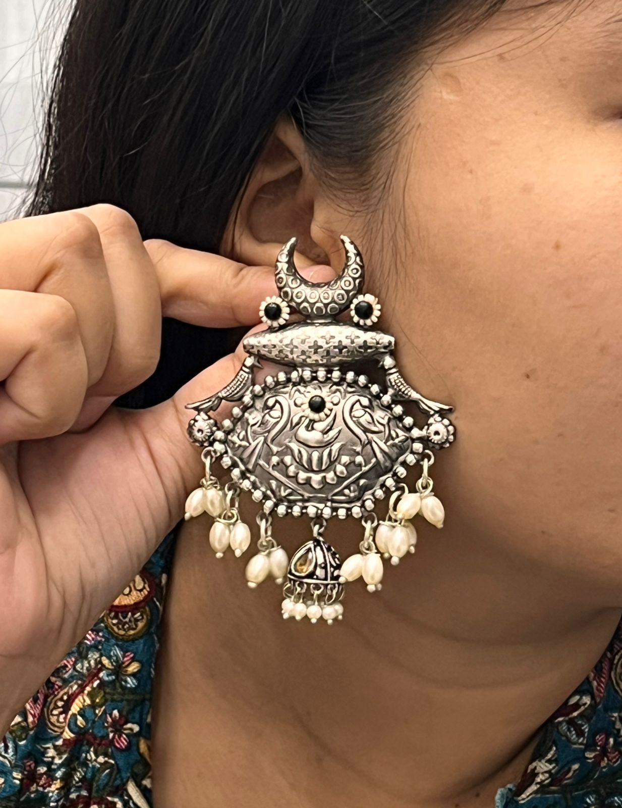 Ethnic Tribal Style Earrings and Oxidized Silver with Pearl Beads