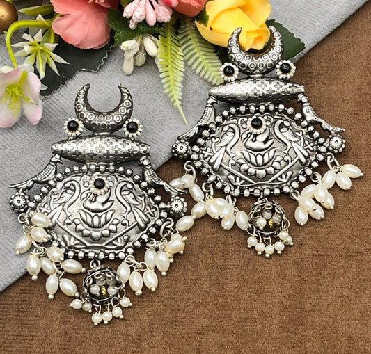 Ethnic Tribal Style Earrings and Oxidized Silver with Pearl Beads