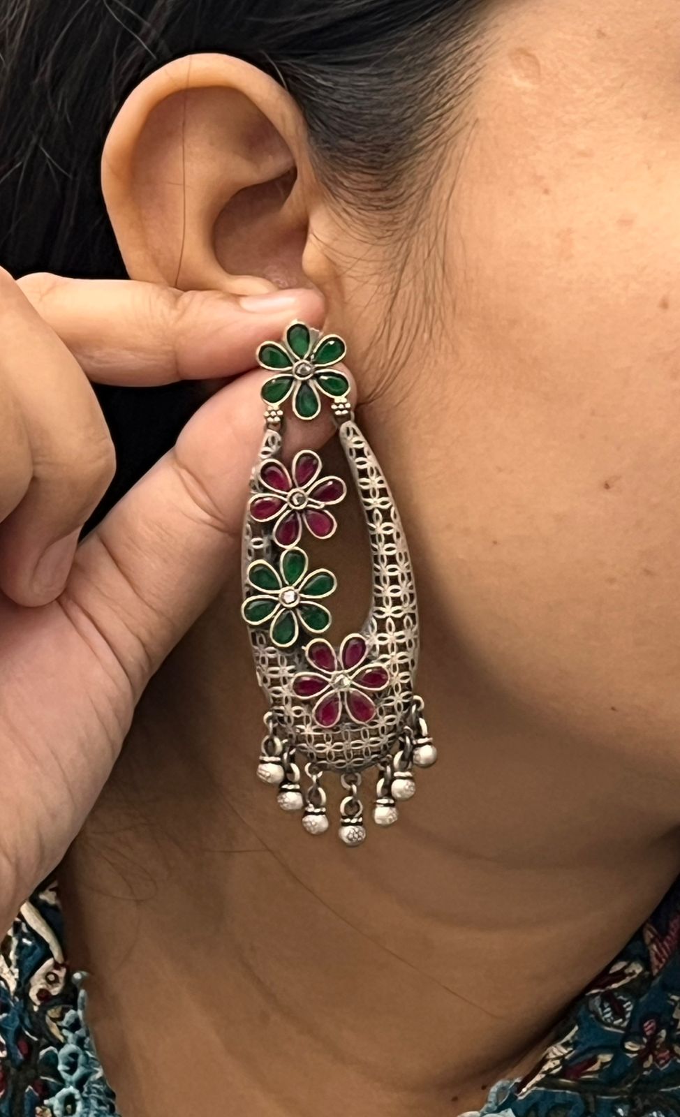 Antique Silver Floral Earrings with Red & Green Enamel