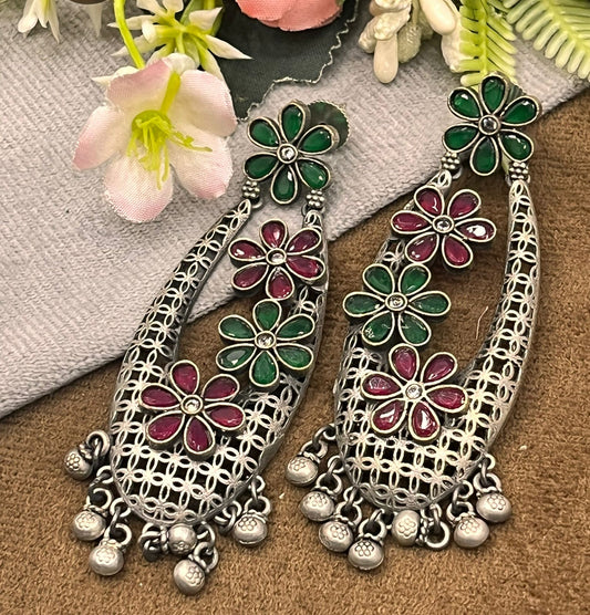 Antique Silver Floral Earrings with Red & Green Enamel