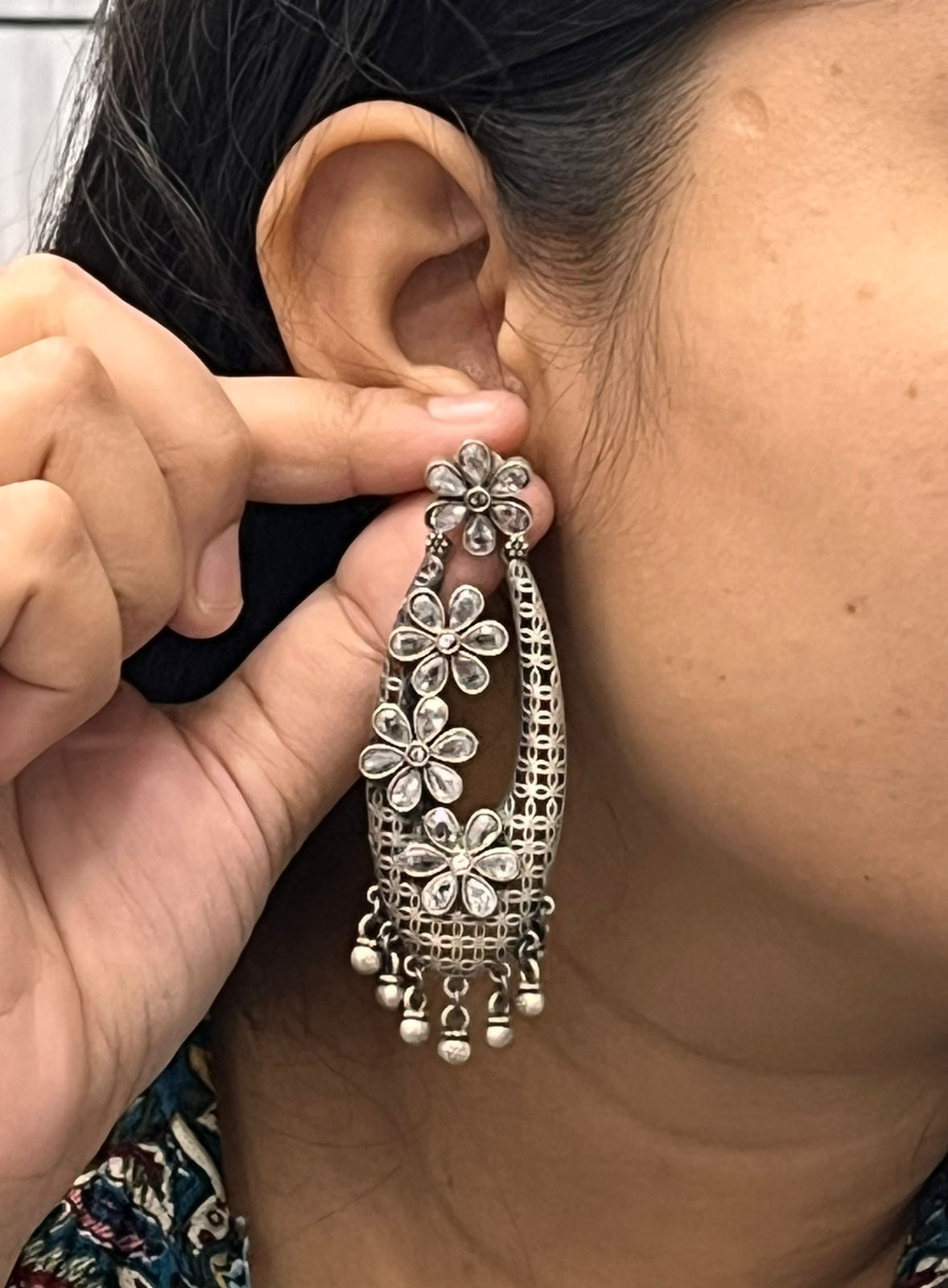 Antique Silver Floral Statement Earrings with Mirror Stones