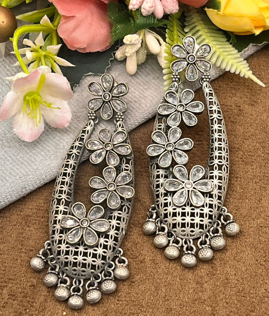 Antique Silver Floral Statement Earrings with Mirror Stones