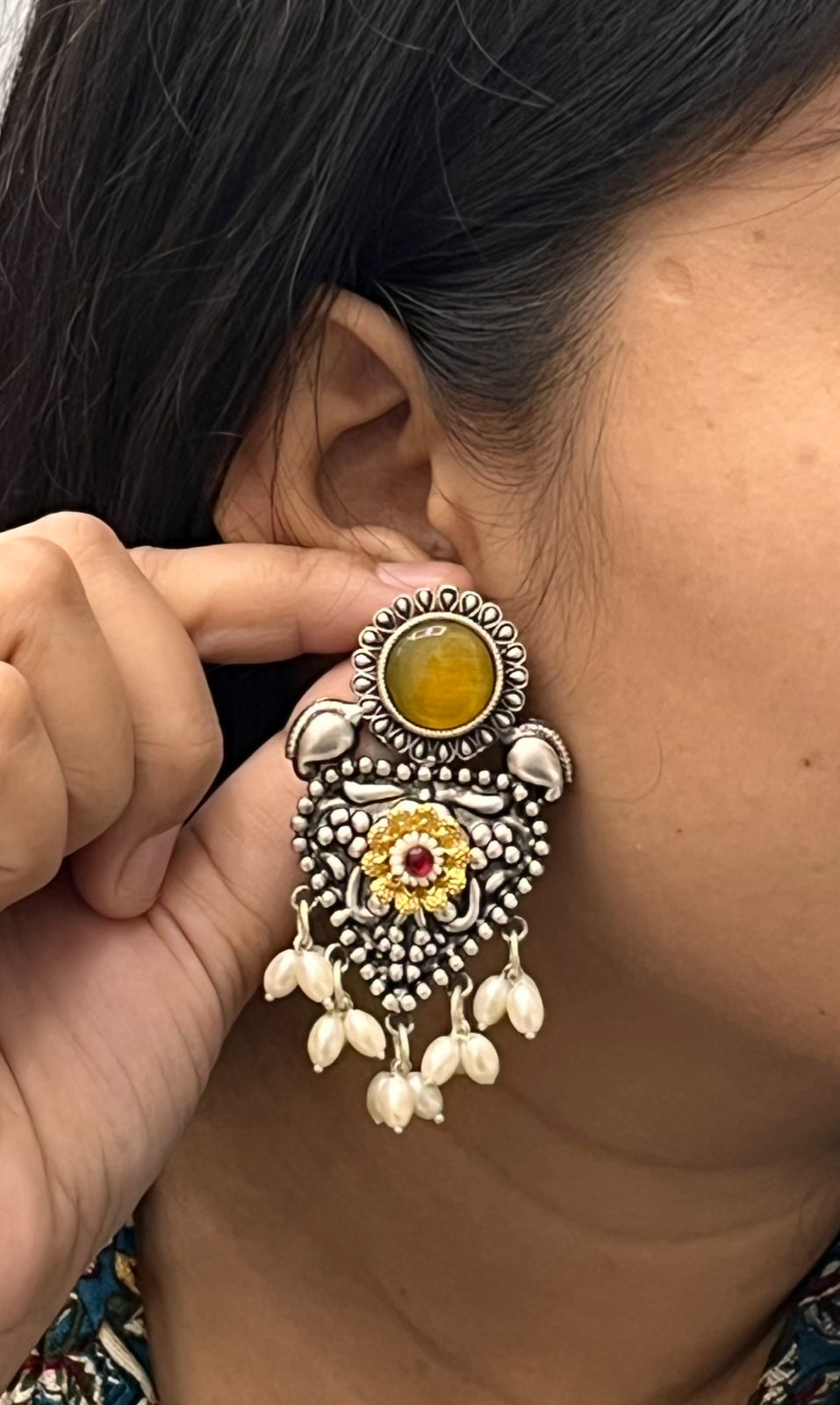Antique Oxidized Silver Earrings with Yellow Stone & Pearl Drops