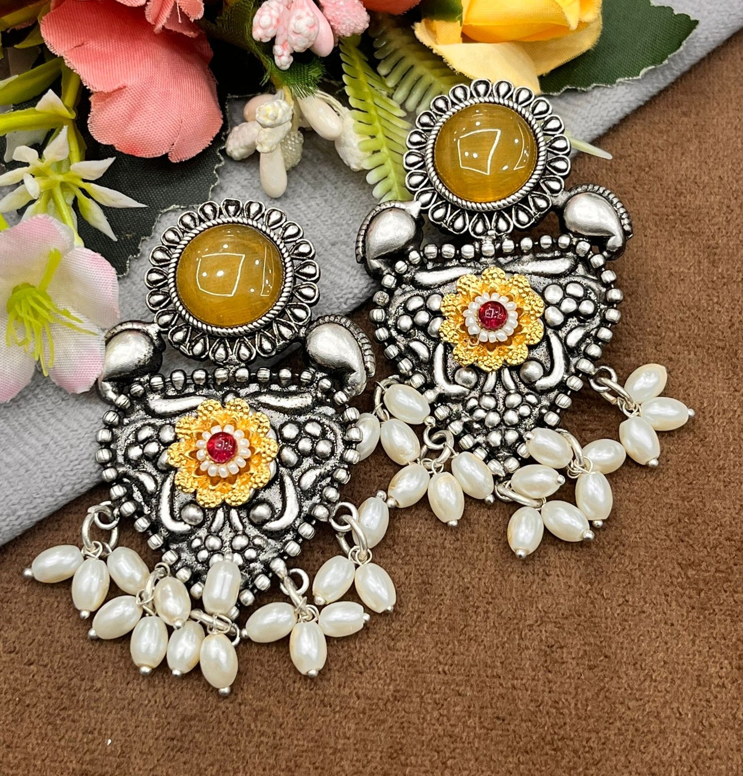 Antique Oxidized Silver Earrings with Yellow Stone & Pearl Drops