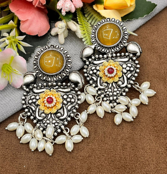 Antique Oxidized Silver Earrings with Yellow Stone & Pearl Drops