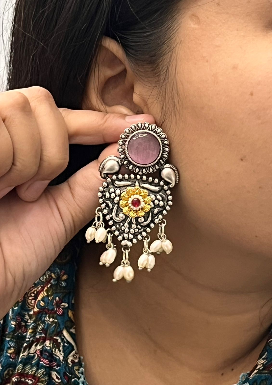 Antique Oxidized Silver Earrings with Pink Stone & Pearl Drops