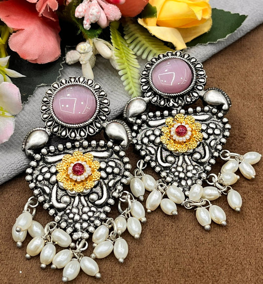 Antique Oxidized Silver Earrings with Pink Stone & Pearl Drops